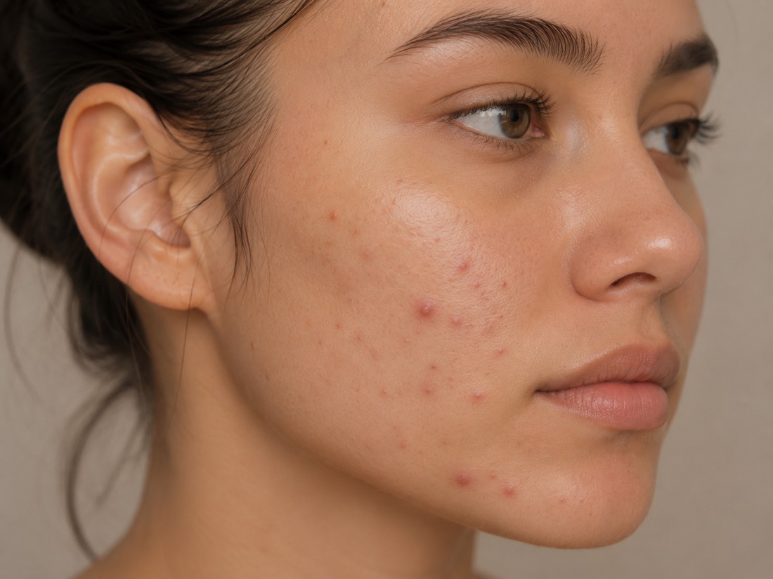 Close-up of skin showing acne and breakouts
