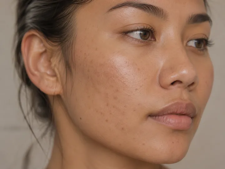Close-up of skin showing uneven texture and tone